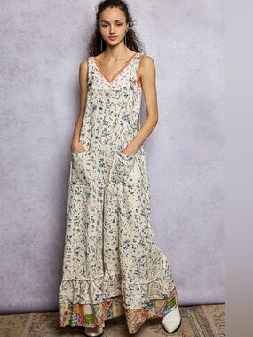 New: POL Garden Party Floral Embroidered Colorful Ruffle Hem Jumper Overalls• S